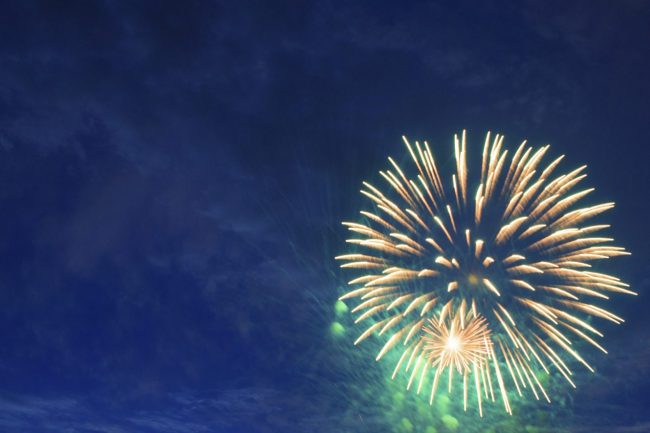 Colorful triple-burst of fireworks.